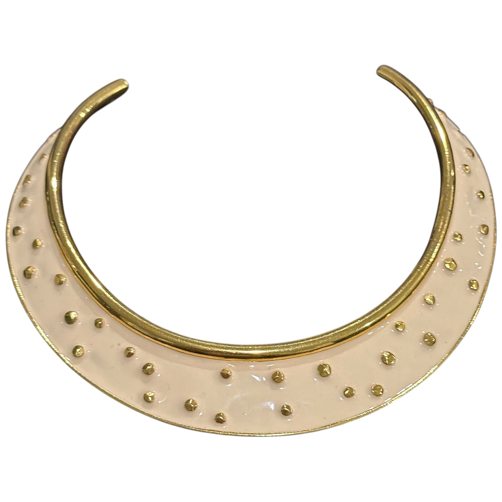 Vintage Gold-Tone Collar Necklace Studded Cream Enamel Crescent